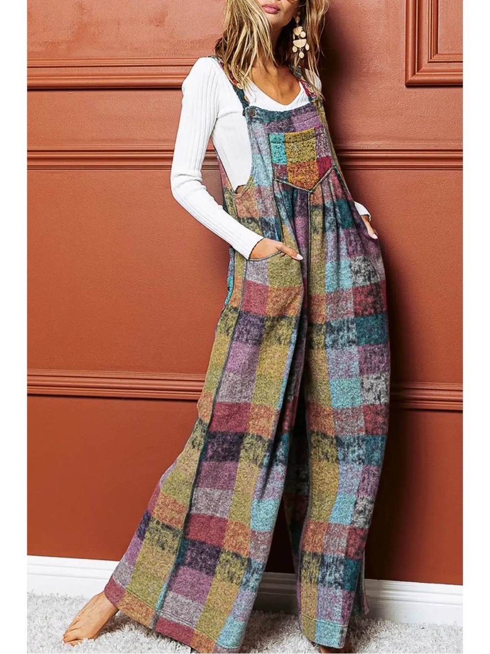 VINTAGE BRUSHED MULTI CHECKERED AND PLAID BOHO OVERALLS JUMPSUIT - Picture 2 of 8